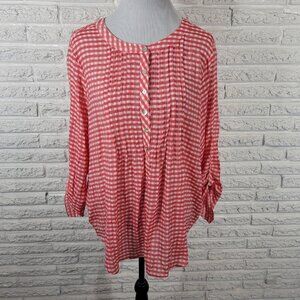 Ruby Rd Women Top 1X Plus Tunic Red Gingham Check Semi Sheer Pintuck PLA27E